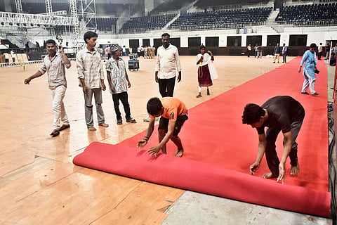 The Jawaharlal Nehru Indoor Stadium in Chennai getting ready on Wednesday, for the swearing-in ceremony of actor-turned-politician and Tamilaga Vettri Kazhagam (TVK) Chief C. Joseph Vijay.