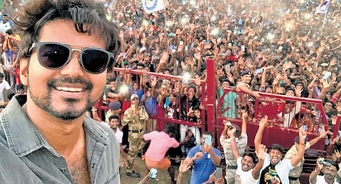 Vijay with fans during the viral selfie moment at the ‘Master’ shooting spot in Neyveli in 2021.