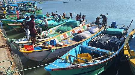 Boats are docked at the Nagapattinam fishing harbour.