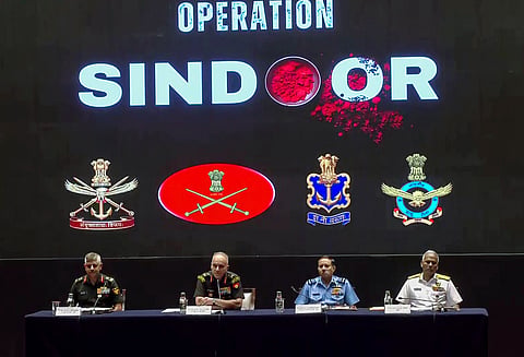 Former DGMO Lt. Gen. Rajiv Ghai, Deputy Chief of Integrated Defence Staff Lt Gen Zubil A. Minwalla, Air Marshal Awadhesh Kumar and Vice Admiral A.N. Pramod during a press conference over Operation Sindoor Anniversary, in Jaipur on Thursday. 