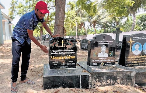 Work under way to renovate the tombstone of Vijay’s grandfather.