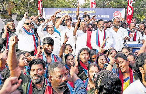 Members of CPI, CPM and VCK staging a protest in Chennai on Thursday against union government over LPG price hike and reduction in railway jobs.