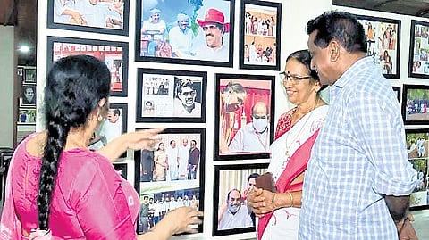 T K Govindan, the rebel CPM leader who won from Taliparamba as a UDF-backed independent, and his wife Ramani, at the house of the late CPM state secretary Kodiyeri Balakrishnan on Wednesday. Kodiyeri’s wife, Vinodini, is also seen.