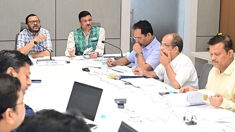 Revenue Minister Suresh Pujari during a review meeting at Lok Seva Bhawan.