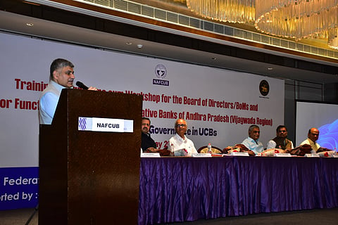 A meeting of the National Federation of Cooperative Urban Banks and Credit Societies being held in Vijayawada.