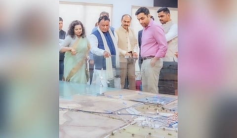 Chief Minister Mohan Charan Majhi, Industry Minister Sampad Chandra Swain and senior state officials during their Mundra Port visit.