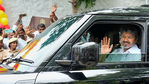 Tamilaga Vettri Kazhagam (TVK) chief Vijay arrives at the party headquarters after he wins the Tamil Nadu Assembly elections at Panaiyur, in Chennai, Tuesday, May 05, 2026.