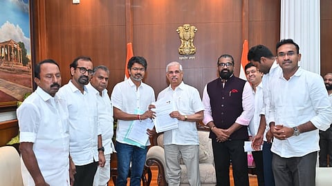 TVK chief Vijay meets Governor Rajendra Vishwanath Arlekar and stakes claim to form Government in the state.  