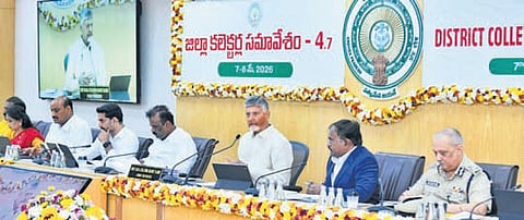 Chief Minister N Chandrababu Naidu speaks at the 7th Collectors Conference at 
the State Secretariat in Velagapudi on Thursday.