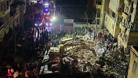 First responders gather at the site of an Israeli airstrike in Beirut’s southern suburb of Haret Hreik neighborhood on May 6, 2026.