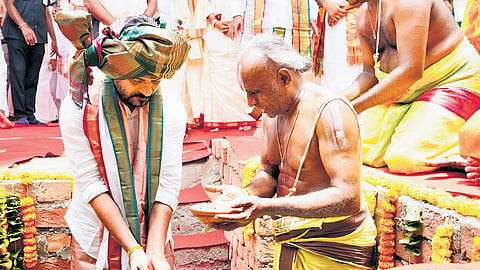 Chief Minister A Revanth Reddy lays the foundation for the reconstruction of the Venkateshwara Swamy temple at Kodangal on Friday