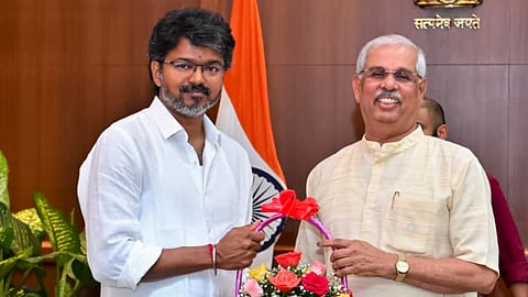 Tamil Nadu Governor Rajendra Vishwanath Arlekar meets TVK chief Vijay in connection with securing an invite from the latter to form the government, at the Lok Bhavan, in Chennai, Saturday, May 9, 2026.