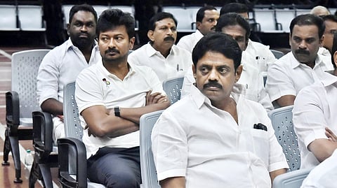Udhayanidhi Stalin and other MLA-elects at a meeting chaired by DMK president MK Stalin at his residence on Thursday.