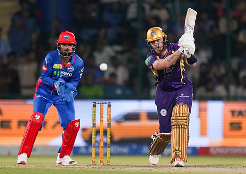 Kolkata Knight Riders' Finn Allen plays a shot during the Indian Premier League (IPL) 2026 T20 cricket match between Delhi Capitals and Kolkata Knight Riders, in New Delhi, Friday, May 8, 2026. 