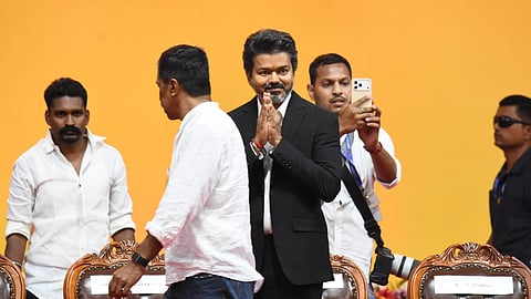 Actor-turned-politician Vijay, after the swearing-in ceremony held at the Jawaharlal Nehru Indoor Stadium in Chennai.