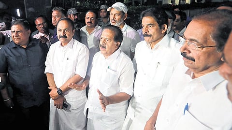 Congress leaders V D Satheesan, Ramesh Chennithala, K C Venugopal and Sunny Joseph speak to mediapersons after a meeting at party chief Mallikarjun Kharge’s residence in New Delhi.