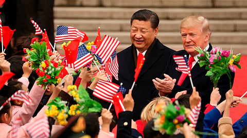 US President Donald Trump and Chinese President Xi Jinping participate in a welcome ceremony at the Great Hall of the People in Beijing, China, Nov. 9, 2017.