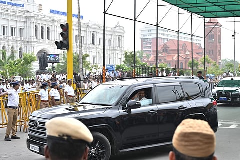 TVK Joseph Vijay arriving for swearing in ceremony near central in chennai.