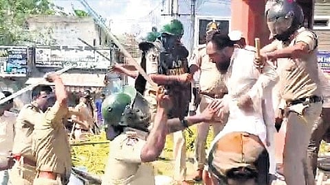 Police said members of Hindu and Muslim groups gathered near a traffic circle in Almaspet and raised slogans against each other for several hours. 
