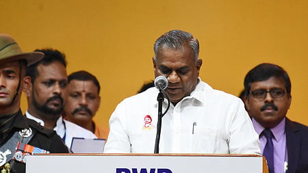 In this photo from May 10, 2026, TVK general secretary and Tamil Nadu minister Bussy N Anand during the swearing-in ceremony of the cabinet at the Nehru Stadium, Chennai.