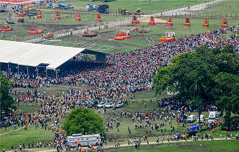 People gather at Brigade Parade Ground during swearing-in ceremony of Suvendu Adhikari as Bengal’s first BJP CM.