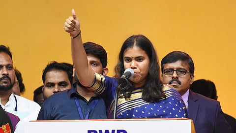 TN minister Keerthana during the swearing in ceremony held at Nehru indoor stadium on Sunday.