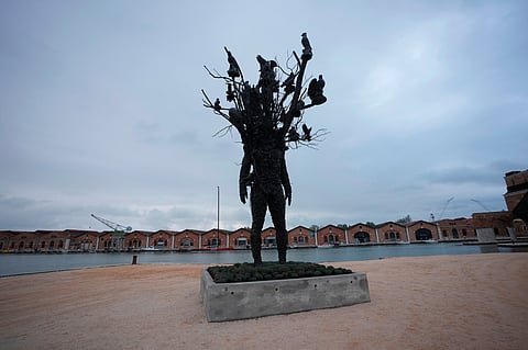 The installation 'Amalgam' by the artist Nick Cave is visible at the Arsenale at the Venice 2026 Biennale Art, in Venice, Italy, Tuesday, May, 5, 2026.