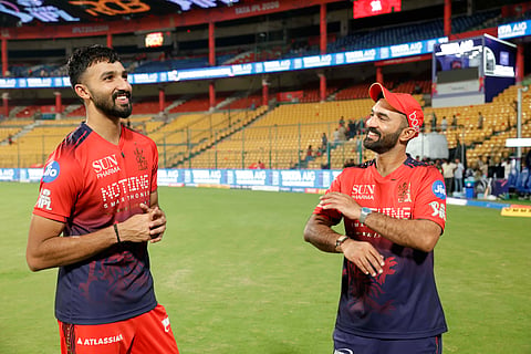 Devdutt Padikkal (L) and RCB mentor and batting coach Dinesh Karthik