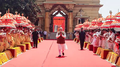 Prime Minister Narendra Modi during a visit to Somnath temple, in Veraval, Gir Somnath district, Gujarat.