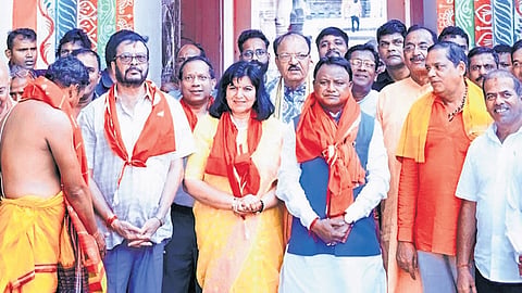 Chief Minister Mohan Charan Majhi, MP Aparajita Sarangi and Revenue minister Suresh Pujari at Lingaraj temple to celebrate Somnath Swabhiman Parva