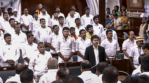 Tamil Nadu Chief Minister C. Joseph Vijay with other MLAs during the oath-ceremony at the state Legislative Assembly.