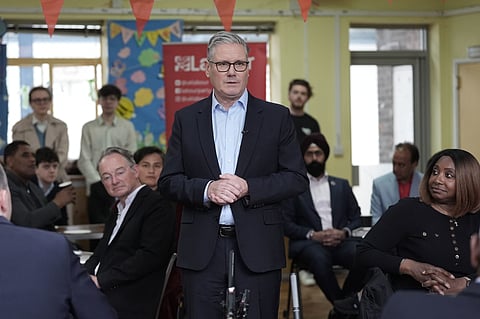 Britain's Prime Minister Sir Keir Starmer speaks to Labour Party members at Kingsdown Methodist Church Hall, in Ealing, west London, Friday May 8, 2026, a day after the local elections. 