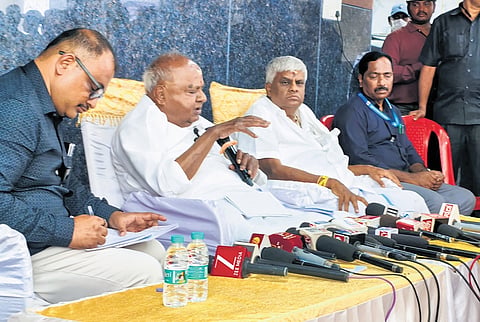 Former PM and JDS supremo HD Deve Gowda addresses media at Mosalehosahalli village in Hassan district on Tuesday