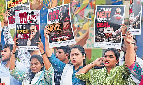 Karnataka Youth Congress members protest the cancellation of NEET UG 2026, in Bengaluru on Tuesday 