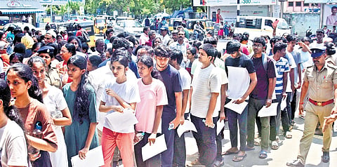 Aspirants who gathered to take NEET examination at the centre in Chennai Girls Higher Secondary School at Shenoy Nagar on May 3.
