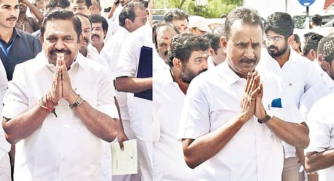 AIADMK chief Edappadi K Palaniswami (left) and other party heads, including S P
Velumani (right), arrive at Fort St George to take oath as MLAs on Monday