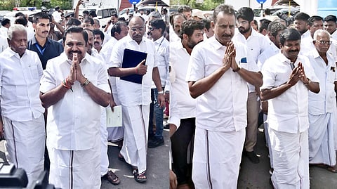 AIADMK chief Edappadi K Palaniswami (left) and other party heads, including S P
Velumani (right), arrive at Fort St George to take oath as MLAs on Monday