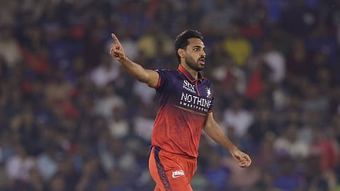 Bhuvneshwar Kumar celebrates a wicket in Raipur
