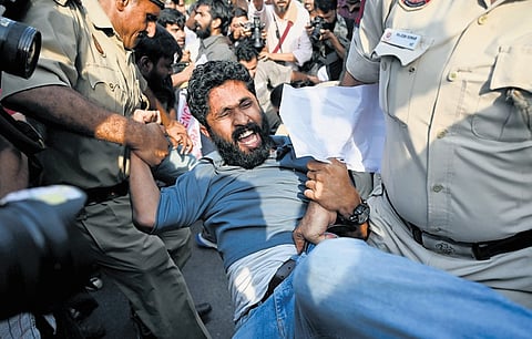 Members of student political groups and supporters during a protest against the cancellation of NEET-UG 2026 in New Delhi on Tuesday 