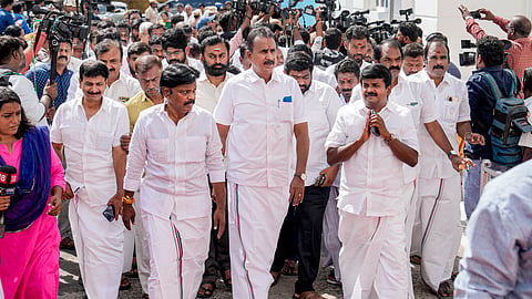 AIADMK MLAs SP Velumani, Vijayabaskar among others arrive at the Tamil Nadu Legislative Assembly in Chennai, Monday, May 11, 2026