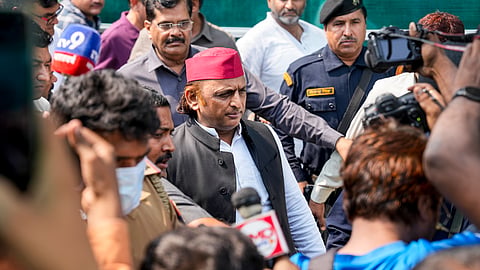 Samajwadi Party National President Akhilesh Yadav reaches post-mortem house at KGMU, where the mortal remains of his stepbrother Prateek Yadav are kept for post-mortem examination, in Lucknow, Wednesday, May 13, 2026.
