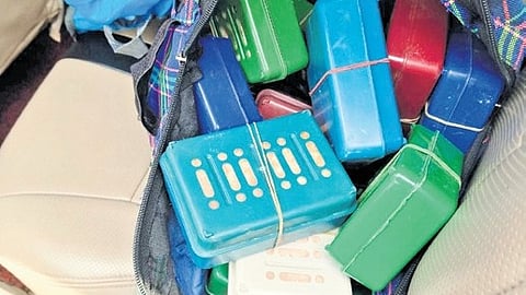 Soap boxes in which heroin is concealed, seized by Ernakulam Rural Police in Aluva.