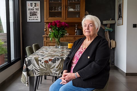 Marie-Therese Ross-Mahe, an 85-year-old French widow of a U.S. military veteran, poses in Orvault, western France, during an interview with The Associated Press, Monday, May 11, 2026. 