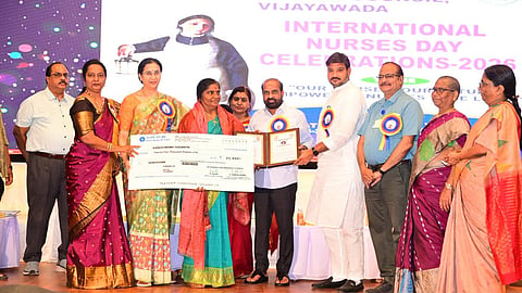 Health minister Satya Kumar Yadav at the Florance Nightingale awards ceremony at Government Medical College auditorium in Guntur on Tuesday. 