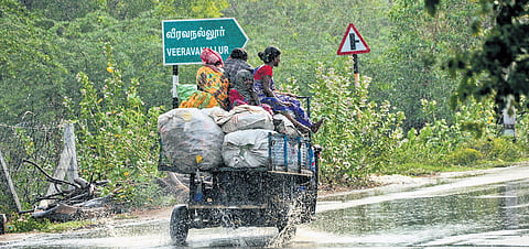 Rain-soaked roads and reduced visibility followed sudden showers in the Tirunelveli district.
