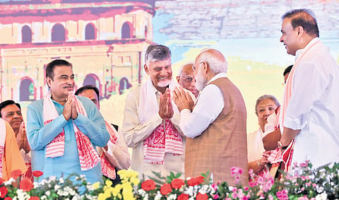 CM Nara Chandrababu Naidu takes part in the swearing of Assam CM Himanta Biswa Sarma on Tuesday. 