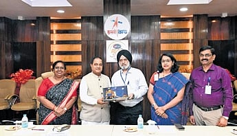 Science and Technology minister Krushna Chandra Patra with ISRO scientists at URSC, Bengaluru