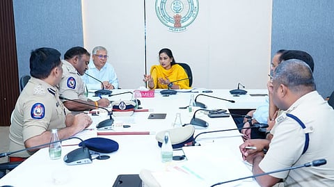 Home minister Vangalapudi Anita during a review meeting with jails department officials on Tuesday. 