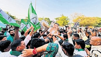 BYJD and BCJD activists protest at the Vani Vihar square against NEET exam question paper leak.
