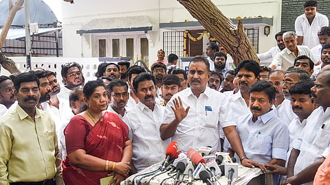 AIADMK senior leaders SP Velumani and C Ve Shanmugam address a press conference at Shanmugam's residence in Chennai, Tamil Nadu, on Wednesday, May 13, 2026.